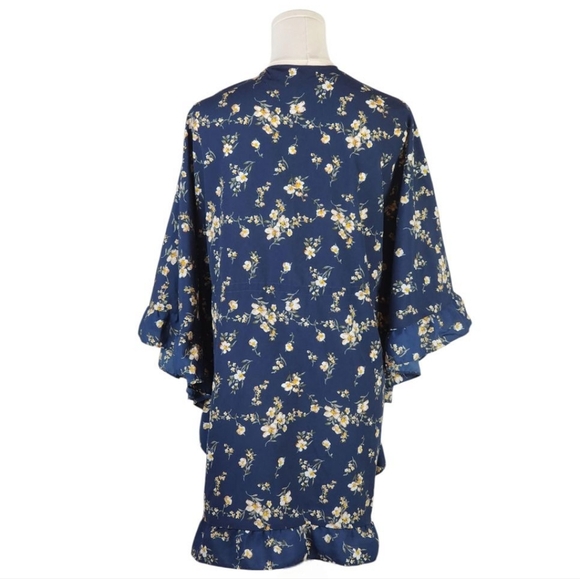 Floral Ruffle Kimono Cardigan Navy Yellow Open Front Sheer Size S/M - Picture 4 of 8
